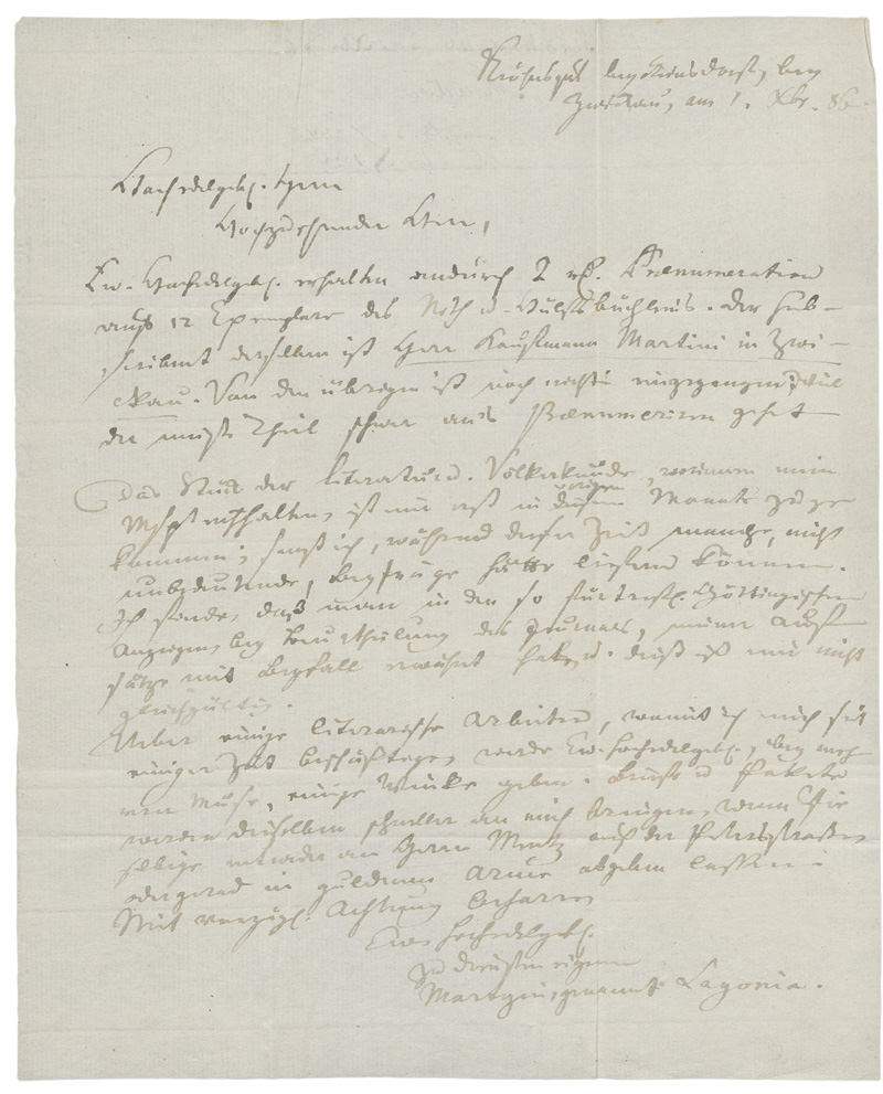 Lot 2375, Auction 128, Martyni-Lagonia, Johann Aloysius, Brief an den Verleger Göschen. 1786