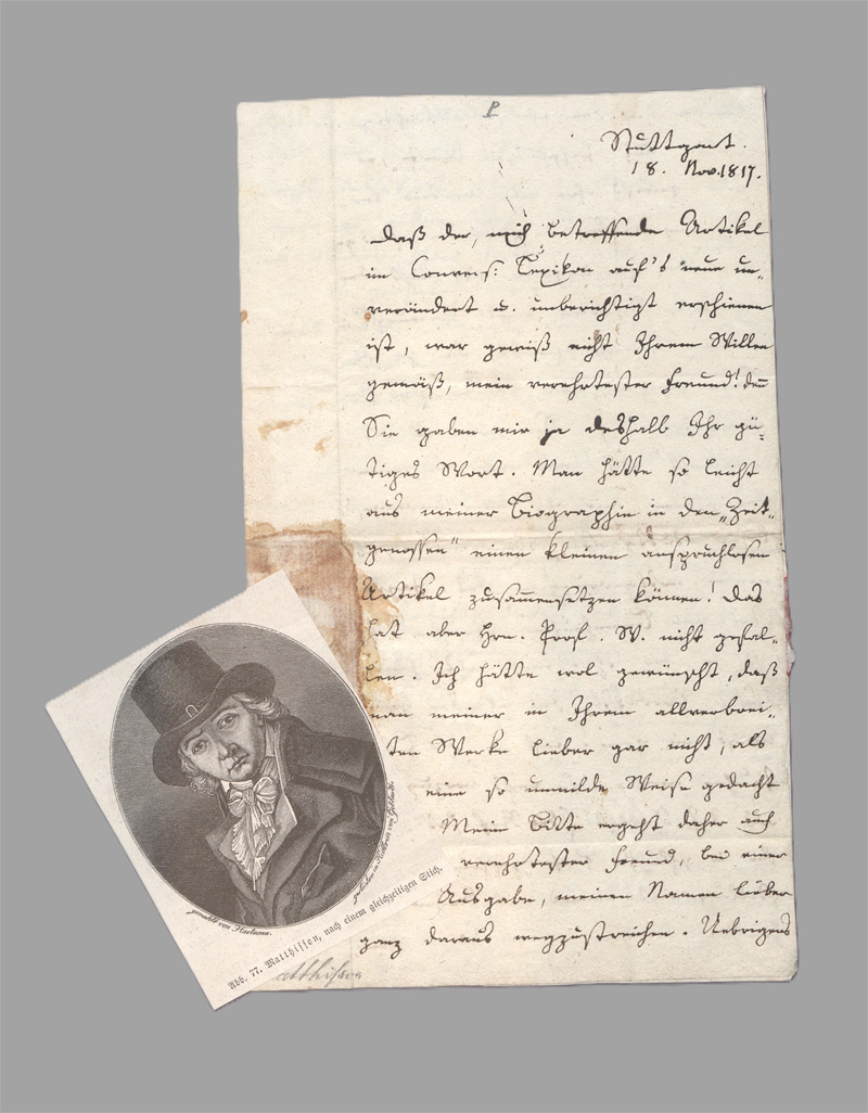 Lot 2377, Auction 128, Matthisson, Friedrich von, Brief an den Buchhändler Brockhaus in Leipzig. 1817