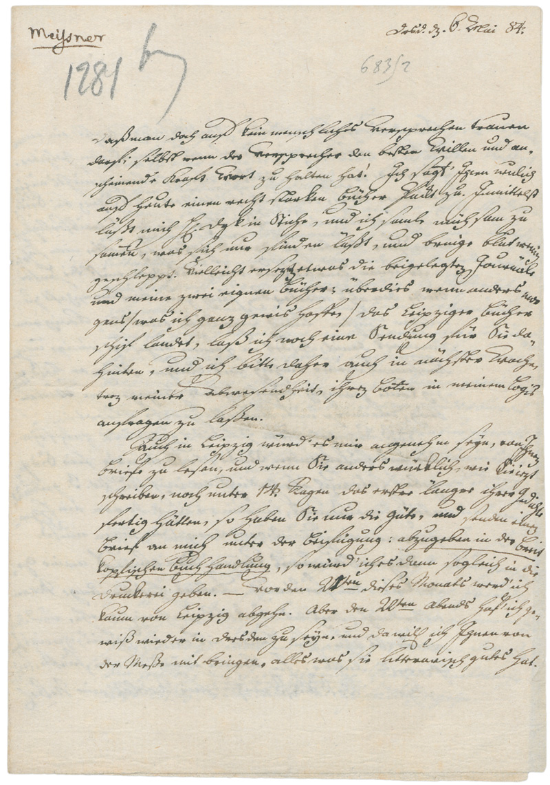 Lot 2382, Auction 128, Meißner, August Gottlieb, Brief aus Dresden an einen Schriftsteller. 1784