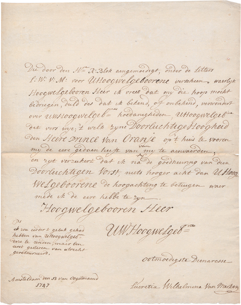 Lot 2384, Auction 128, Merken, Lucretia Wilhelmina van, Brief aus Amsterdam an einen Herrn. 1747