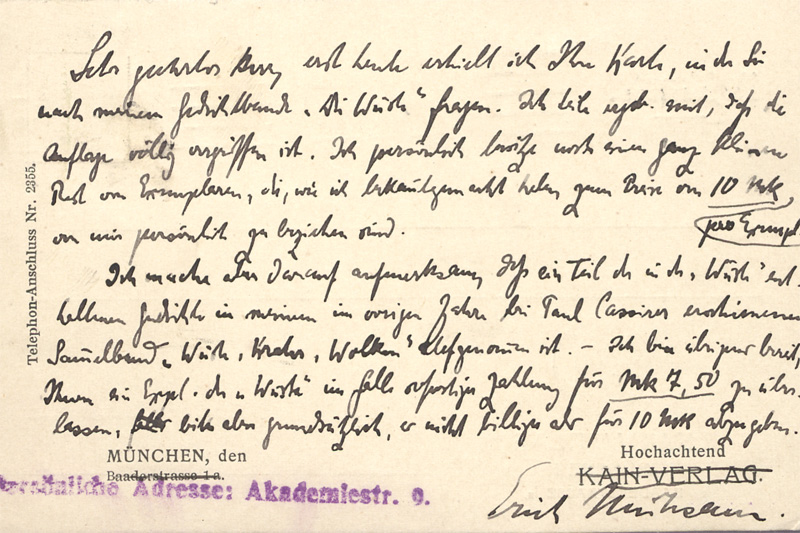Lot 2387a, Auction 128, Mühsam, Erich, Postkarte an die Buchhandlung Friedländer und Sohn. 1915