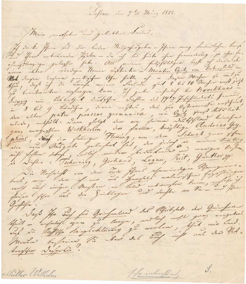 Lot 2389, Auction 128, Müller, Wilhelm, Brief an den Dichter De la Motte-Fouqué. 1822