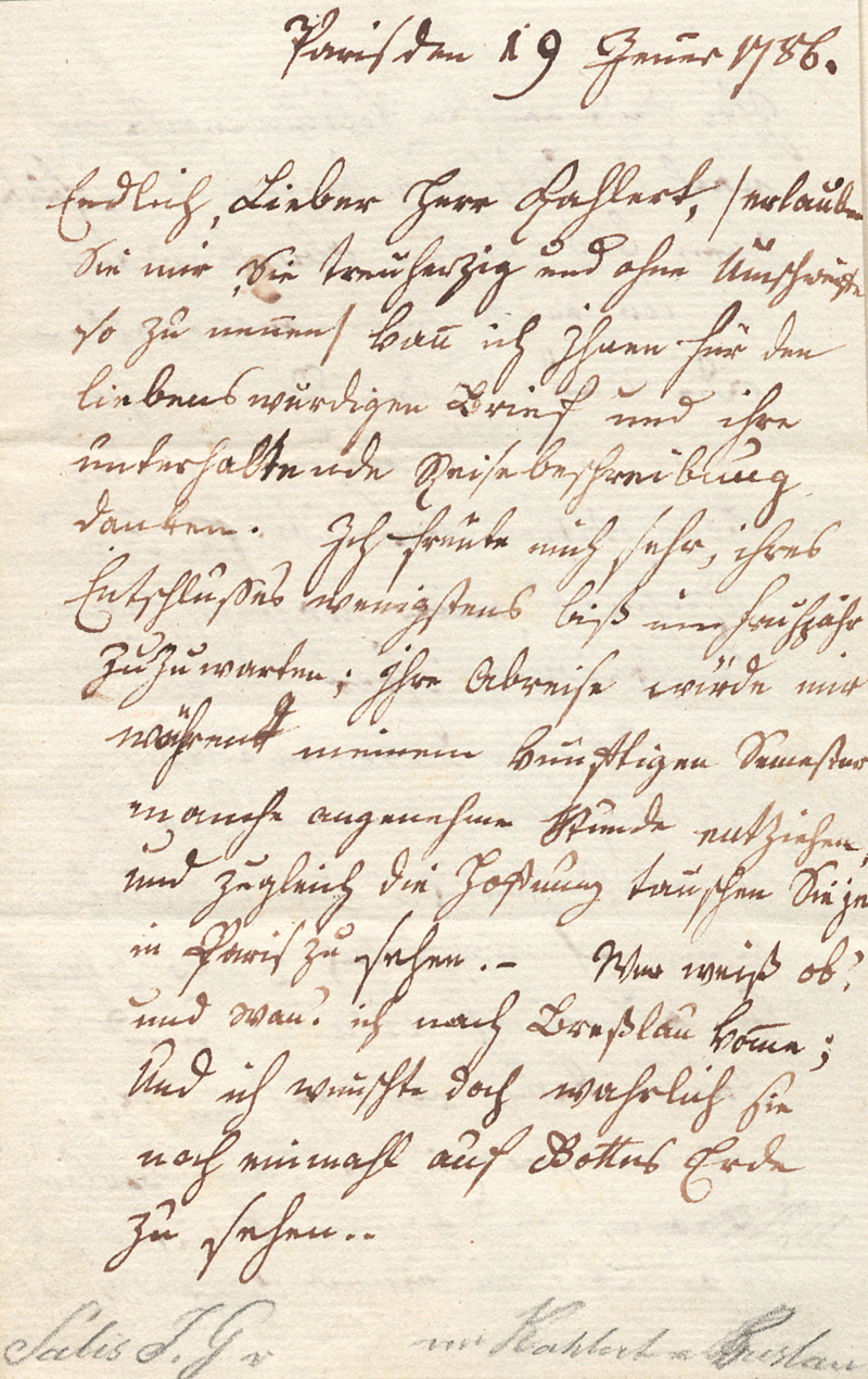 Lot 2406, Auction 128, Salis-Seewis, Johann Gaudenz von, Brief an Johann Gottlieb Kahlert in Breslau. 1786
