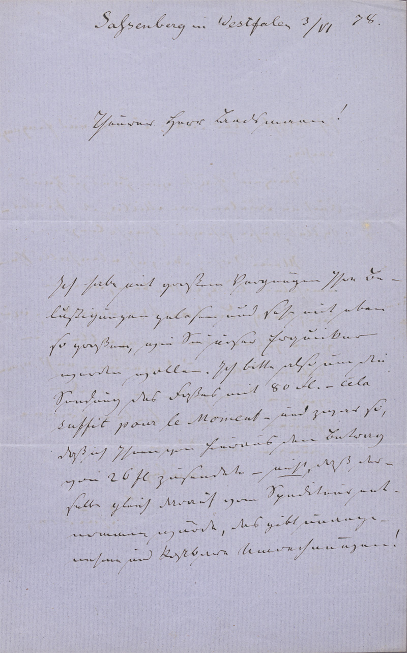 Lot 2424, Auction 128, Schücking, Levin, Brief an Herrn Bachmann. 1878