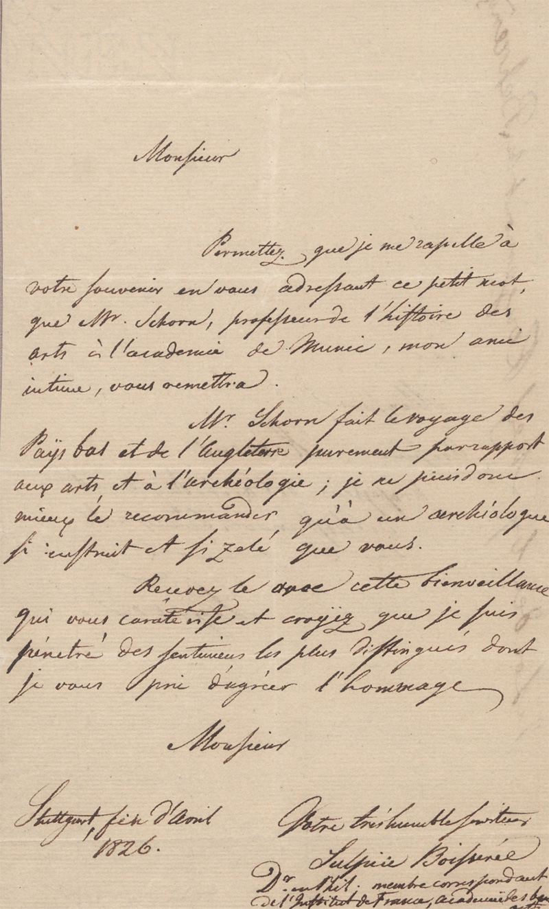 Lot 2440, Auction 128, Boisserée, Sulpiz, Empfehlungsschreiben für Ludwig Schorn. 1826