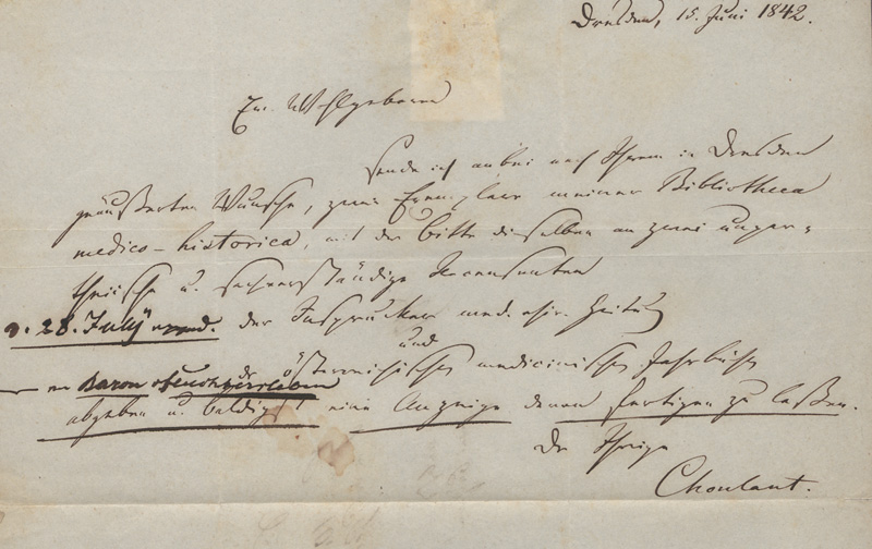 Lot 2442, Auction 128, Choulant, Ludwig, Brief an die Wiener Geroldsche Buchhandlung über seine Bibliographie. 1842
