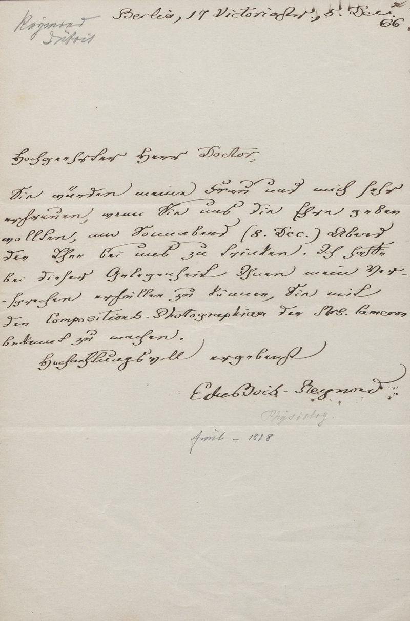 Lot 2445, Auction 128, Du Bois-Reymond, Emil, Brief mit Einladung an einen Kollegen. 1866.