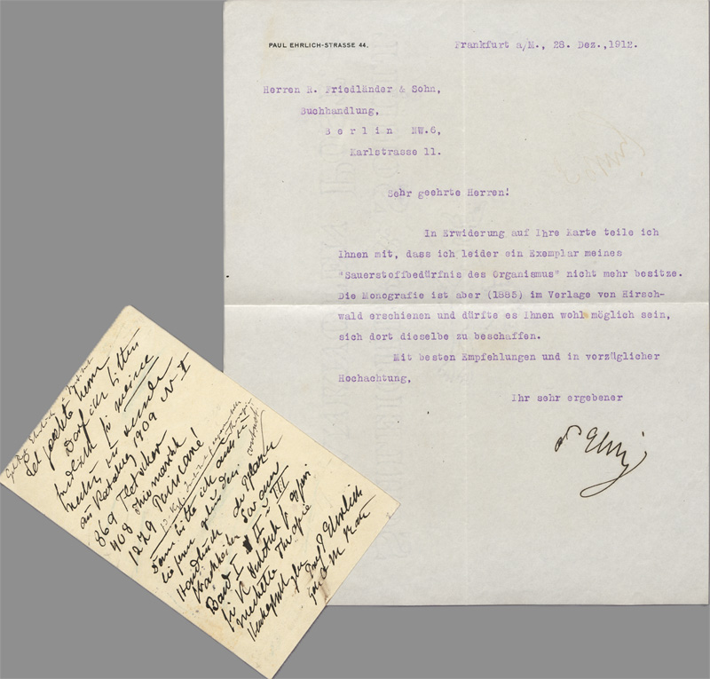 Lot 2447, Auction 128, Ehrlich, Paul, Postkarte und Brief an die Buchhandlung Friedländer & Sohn in Berlin. 1909-1912
