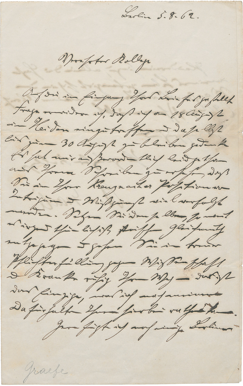 Lot 2449, Auction 128, Graefe, Albrecht von, Brief an einen Kollegen. Mit Beilagen. 1862