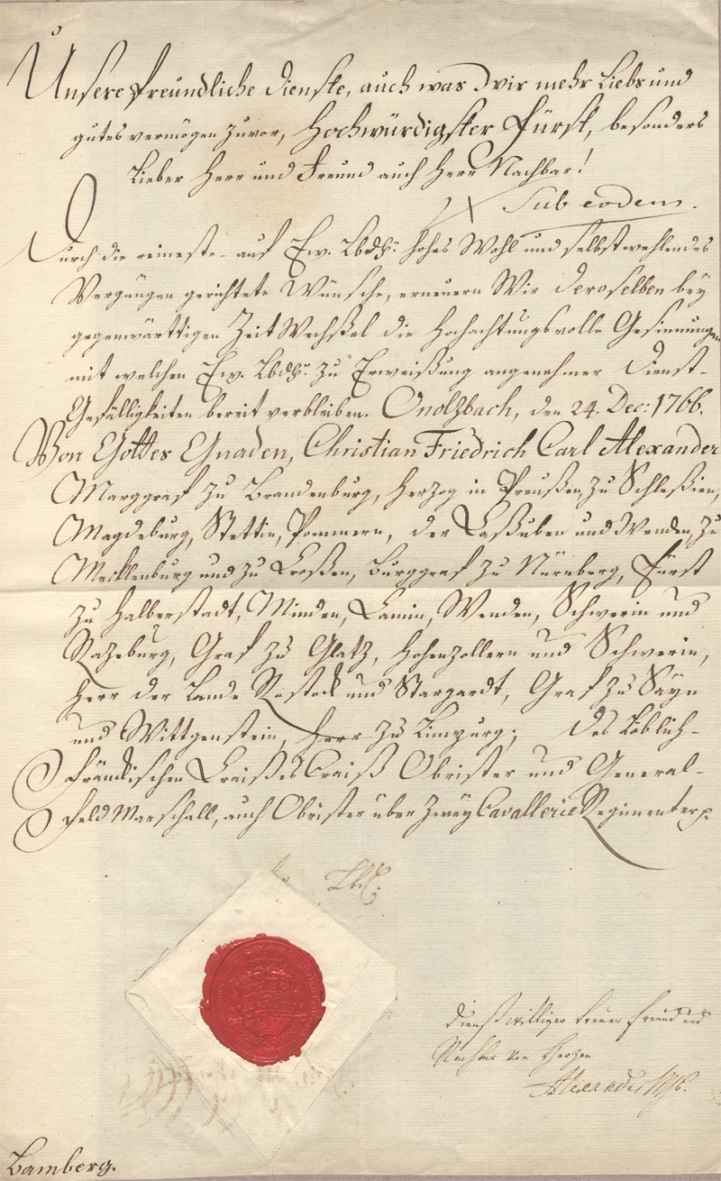 Lot 2460, Auction 128, Alexander Markgaf von Brandenburg-Ansbach-Bayreuth, Brief an den Fürstbischof von Bamberg. 1766