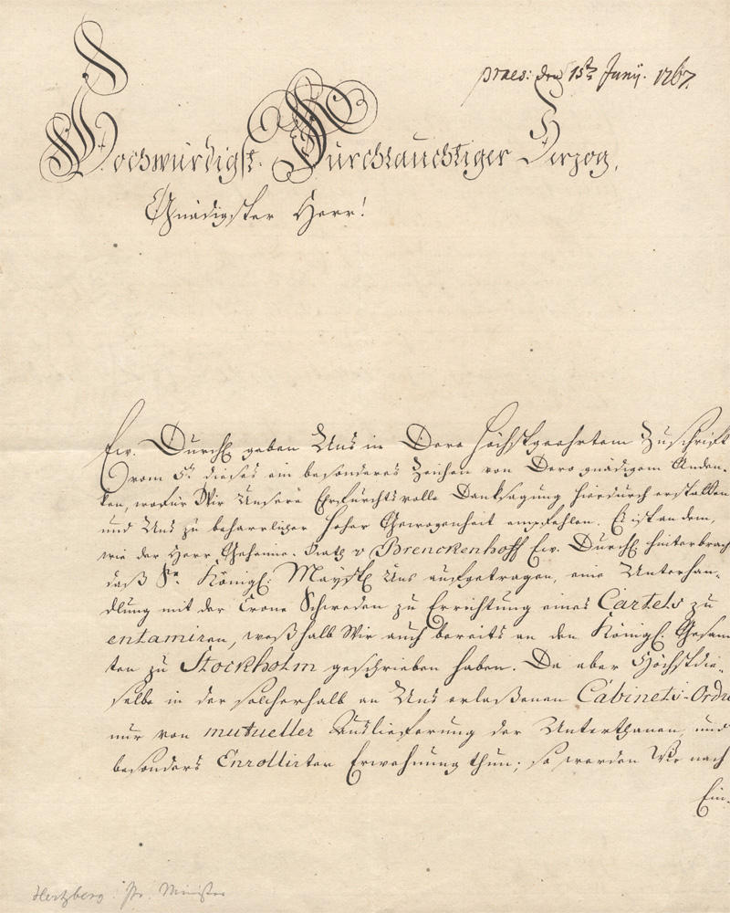 Lot 2472, Auction 128, Finckenstein, Carl Wilhelm Graf Finck von, Brief an den Herzog von Braunschweig-Bevern + Beigabe. 1767
