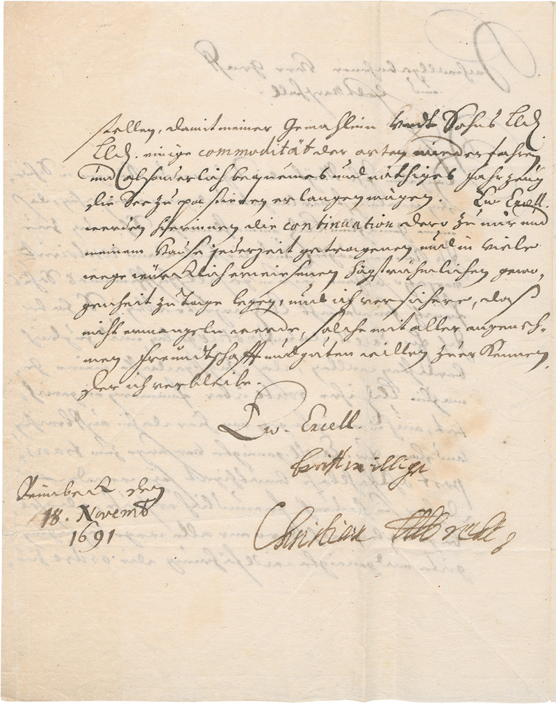 Lot 2475, Auction 128, Christian Albrecht, Herzog von Schleswig-Holstein-Gottorf, Brief an den Grafen Nils von Bielke, Generalgouverneur von Schwedisch-Pommern. 1691