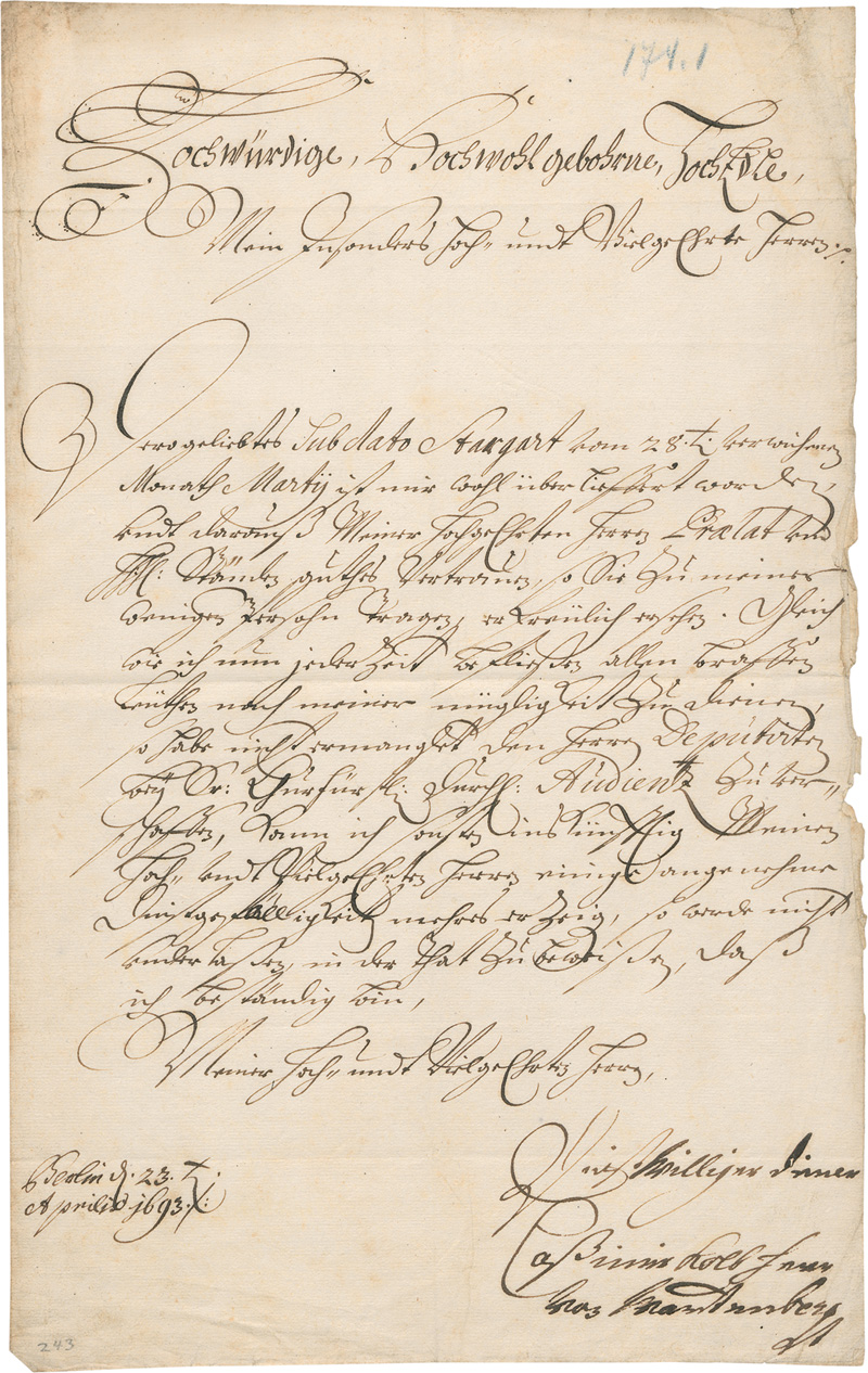 Lot 2476, Auction 128, Kolb von Wartenberg, Johann Casimir, 2 Briefe. 1693 und 1698