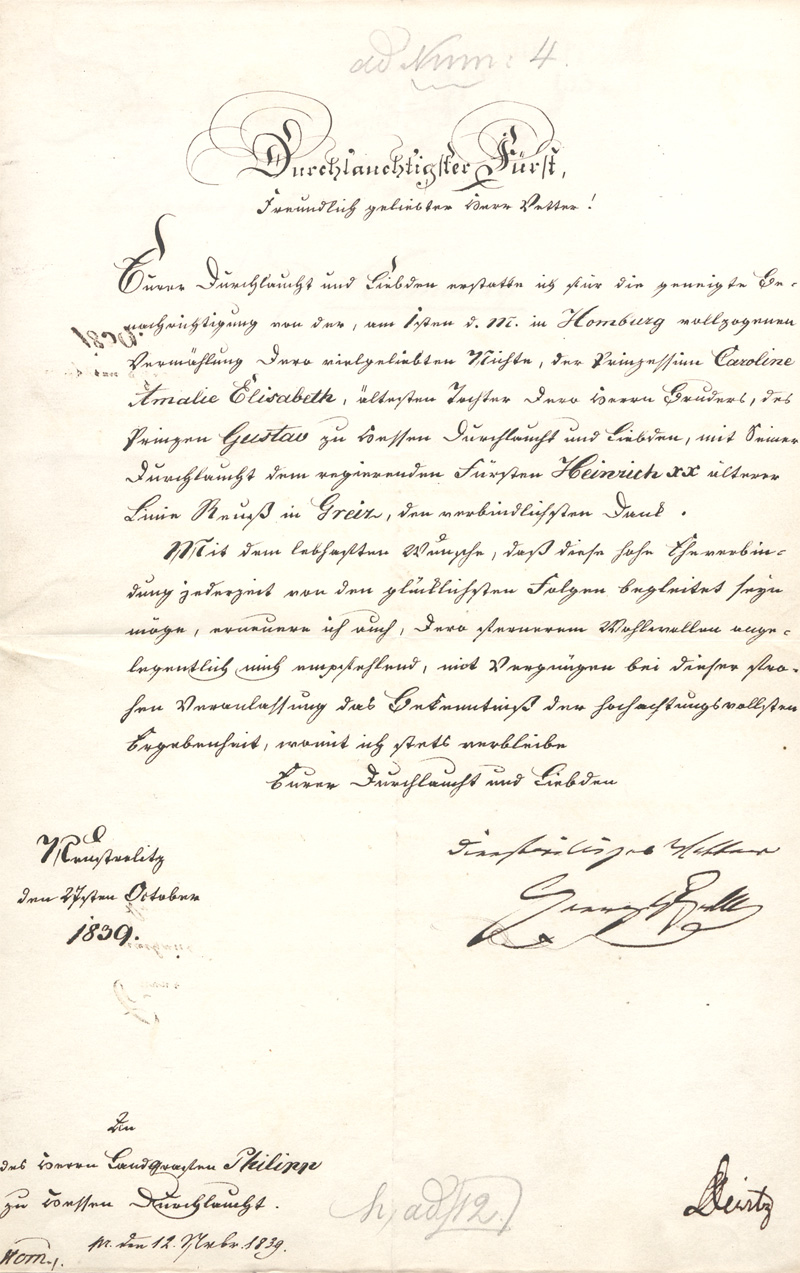 Lot 2480, Auction 128, Georg, Großherzog von Mecklenburg-Strelitz, Brief an den Landgrafen Philipp von Hessen-Homburg. 1839