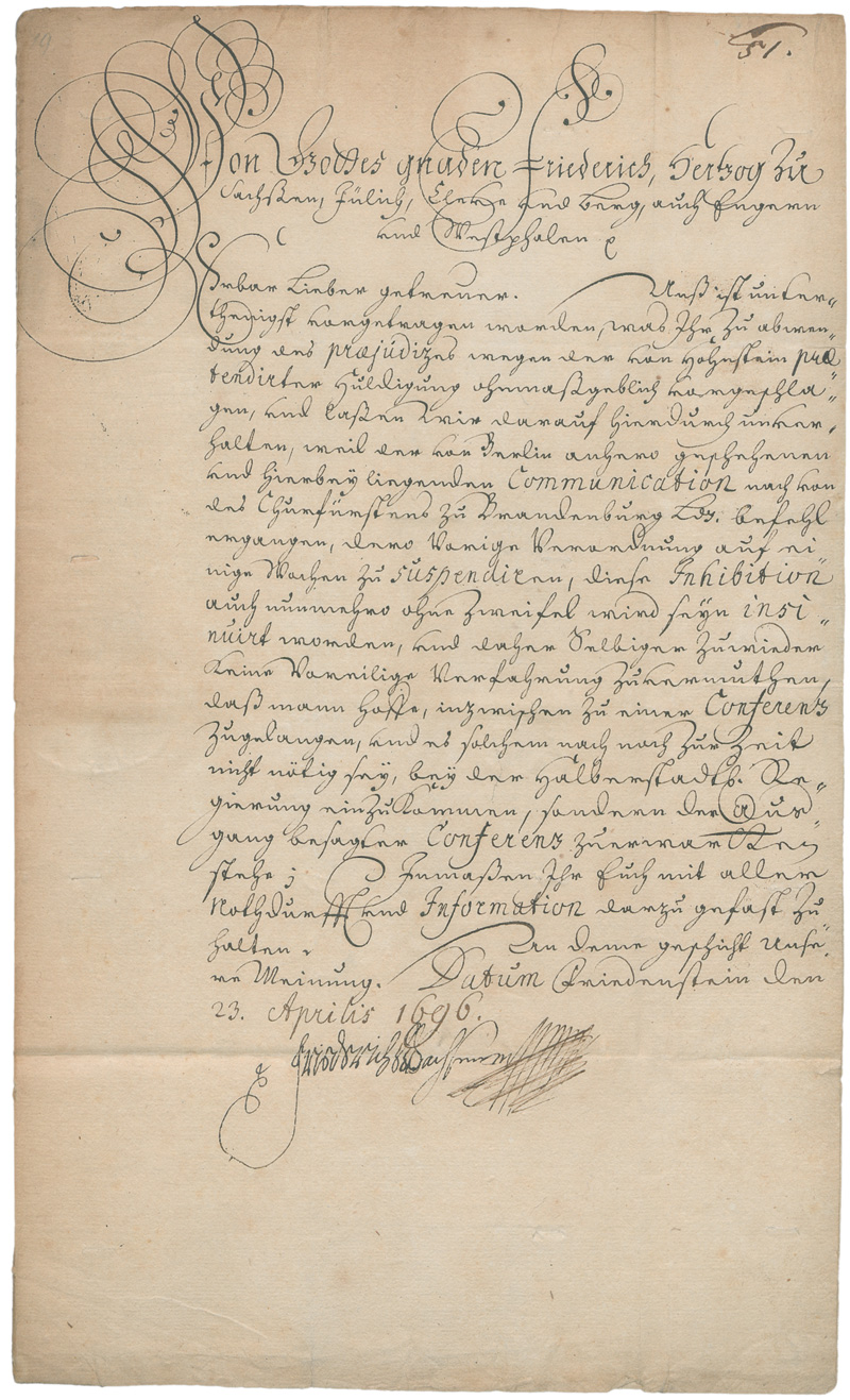 Lot 2487, Auction 128, Friedrich II., Herzog von Sachsen-Gotha, Brief an Henning Möller, Bergrat in Nordhausen. 1696
