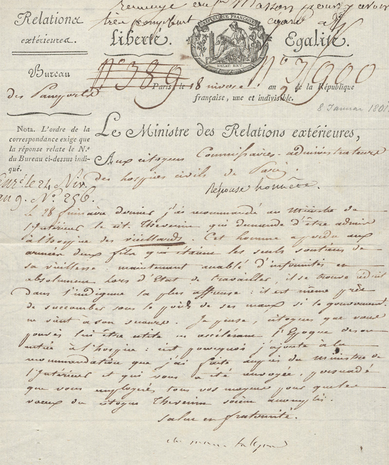 Lot 2489, Auction 128, Talleyrand, Charles Maurice de, Brief an die Kommission der Zivil-Hospiz-Verwaltung von Paris. 1801