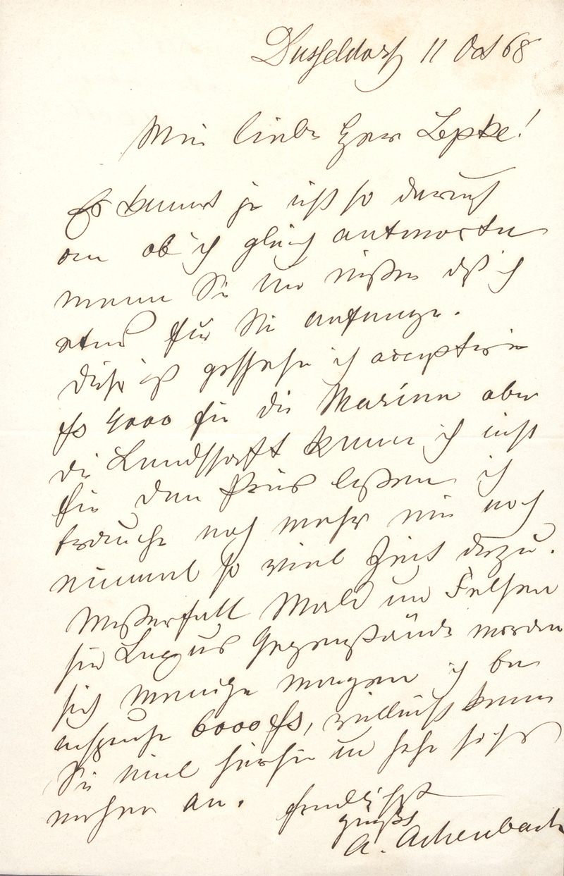 Lot 2495, Auction 128, Achenbach, Andreas, Brief an den Kunsthändler Lepke. Düsseldorf 1868