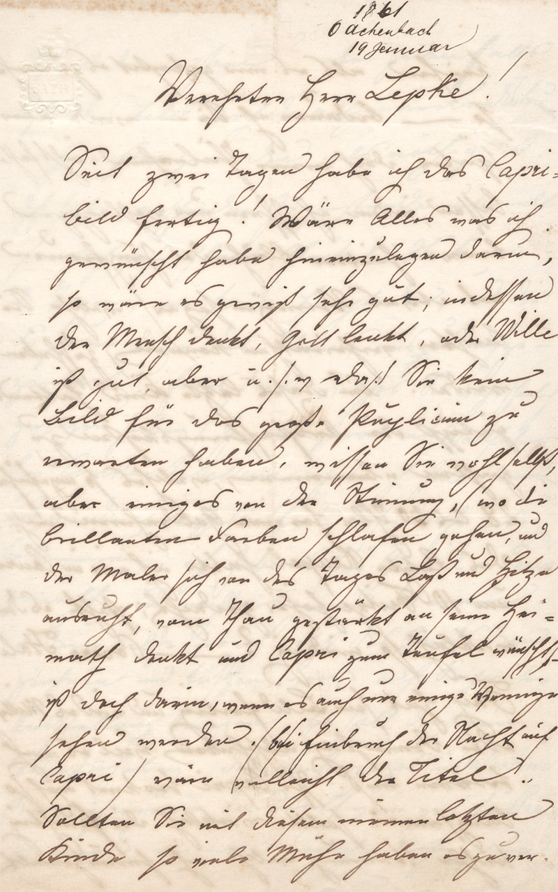 Lot 2496, Auction 128, Achenbach, Oswald, Brief an den Kunsthändler Lepke. 1861