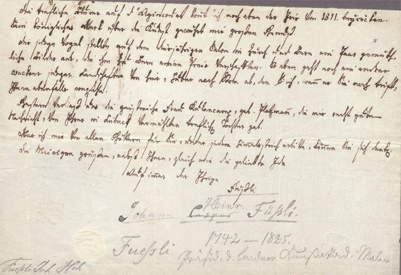 Lot 2503, Auction 128, Füssli, Johann Heinrich, Brief-Fragment an Friderike Brun. Wohl um 1790