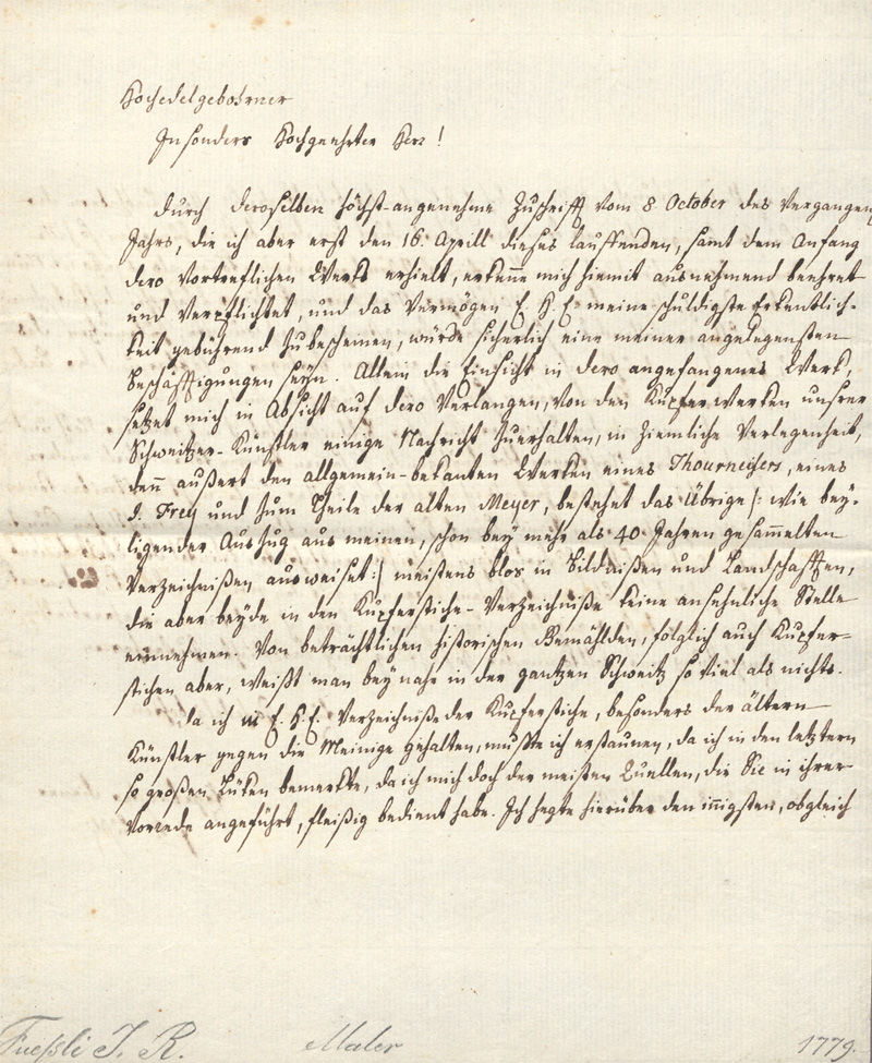 Lot 2504, Auction 128, Füssli, Johann Rudolf, Brief an einen Lexikographen. Zürich 1779