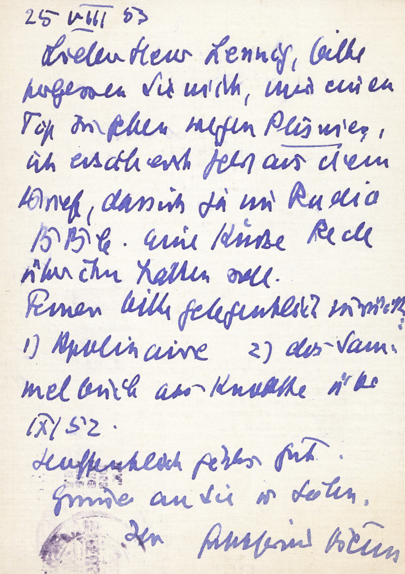 Lot 2604, Auction 128, Benn, Gottfried, Postkarte an Walter Lennig. 1953