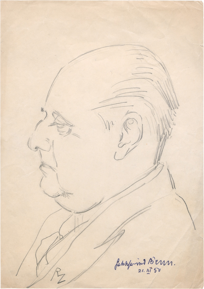 Lot 2609, Auction 128, Benn, Gottfried, Von Benn signierte Porträt-Zeichnung. 1950 + Beilagen
