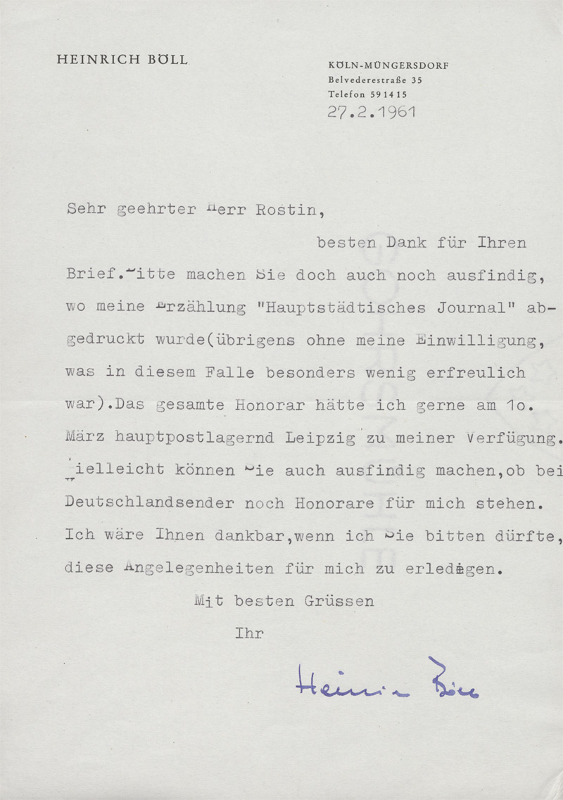 Lot 2610, Auction 128, Böll, Heinrich, Brief in die DDR wegen Honorarforderungen. 1961