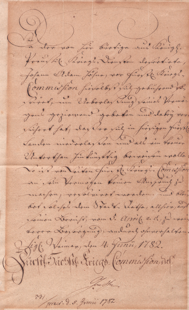 Lot 2615, Auction 128, Goethe, Johann Wolfgang von, Brief an den Weimarer Stadtrat. 1782