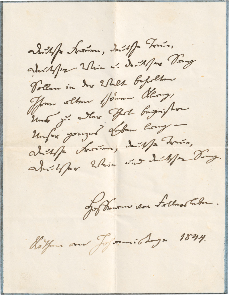 Lot 2622, Auction 128, Hoffmann von Fallersleben, August Heinrich, Signiertes Manuskript der zweiten Strophe des Deutschlandliedes. 1844