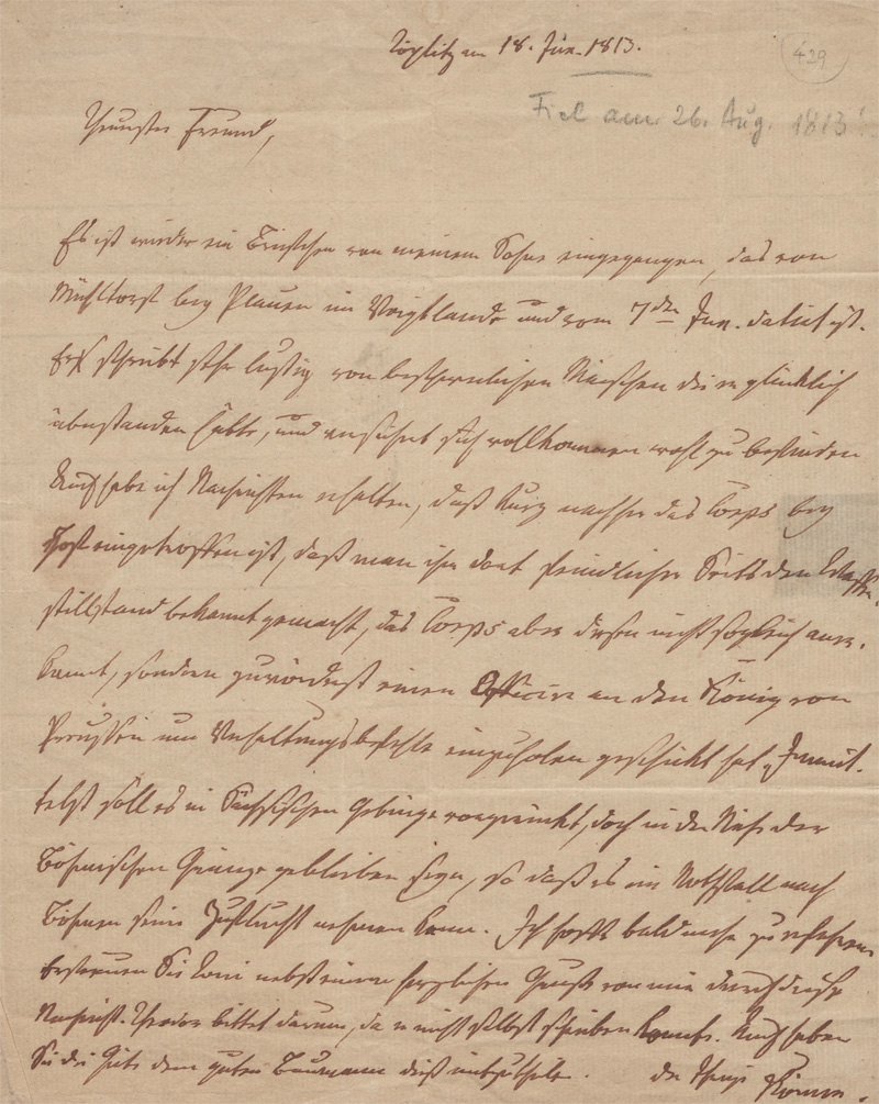 Lot 2631, Auction 128, Körner, Christian Gottfried, Brief an einen Offizier in Wien. 1813