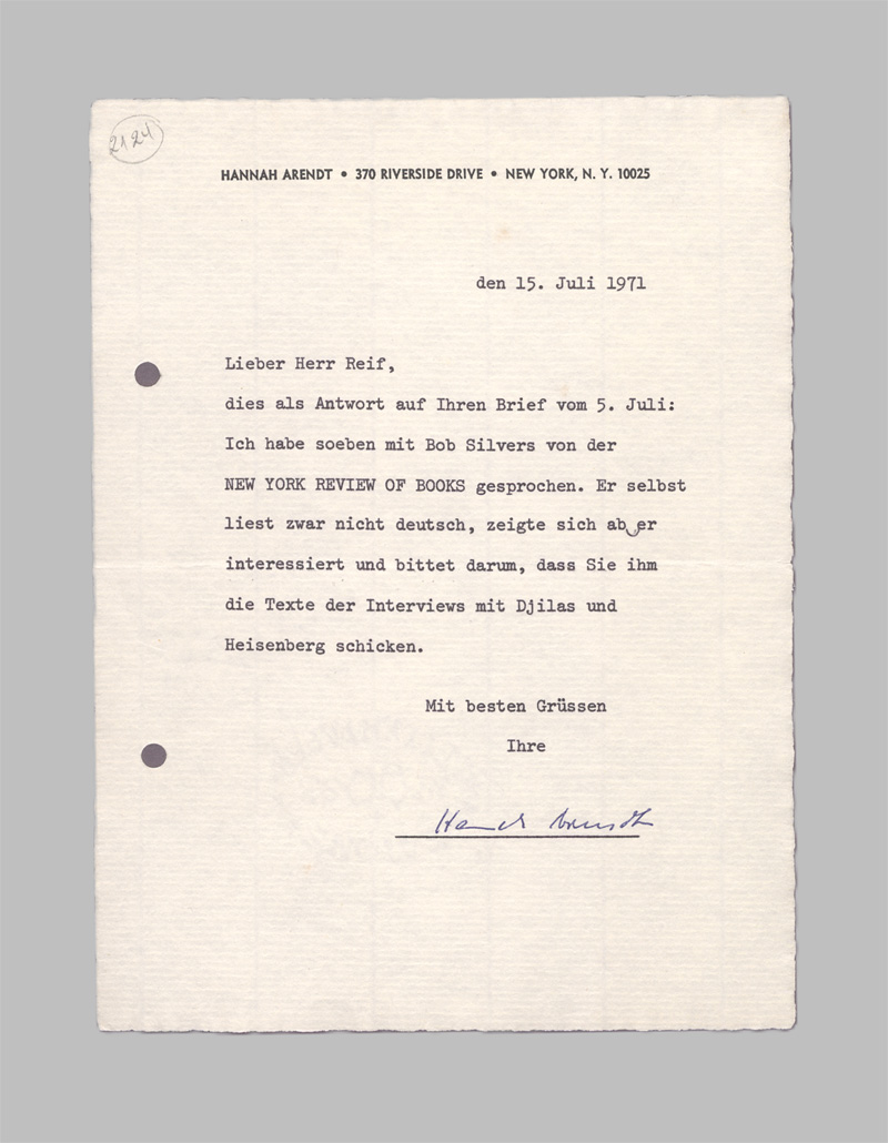 Lot 2649, Auction 128, Arendt, Hannah, Brief 1971