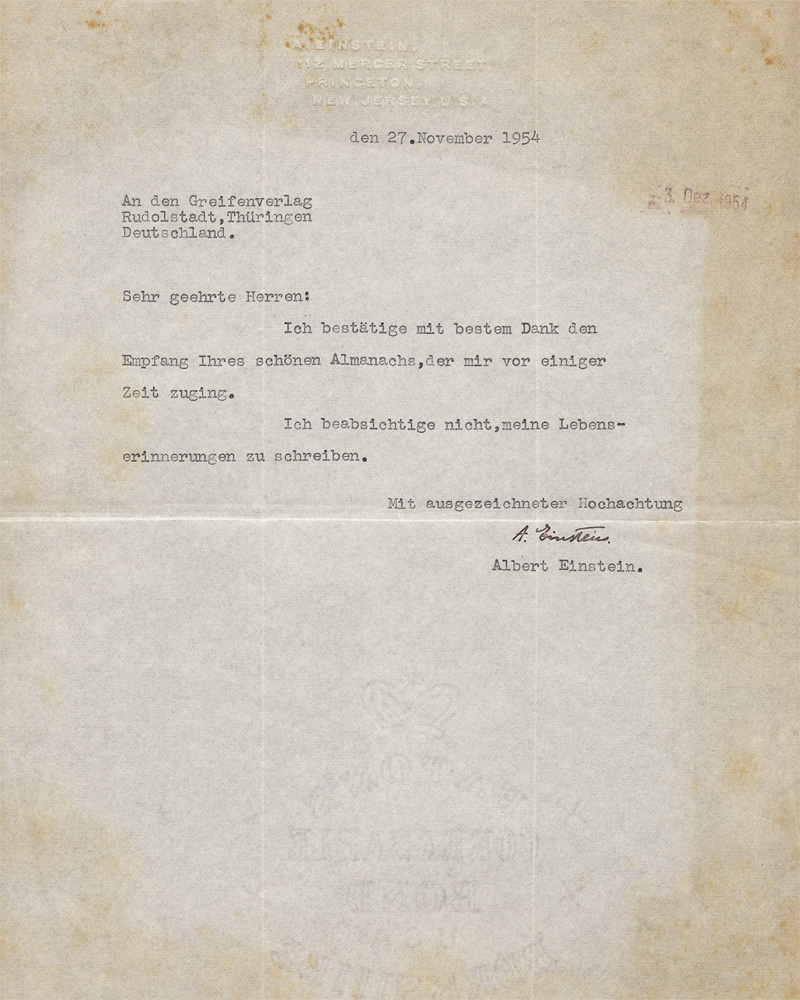 Lot 2659, Auction 128, Einstein, Albert, Brief an den Greifen-Verlag. 1954