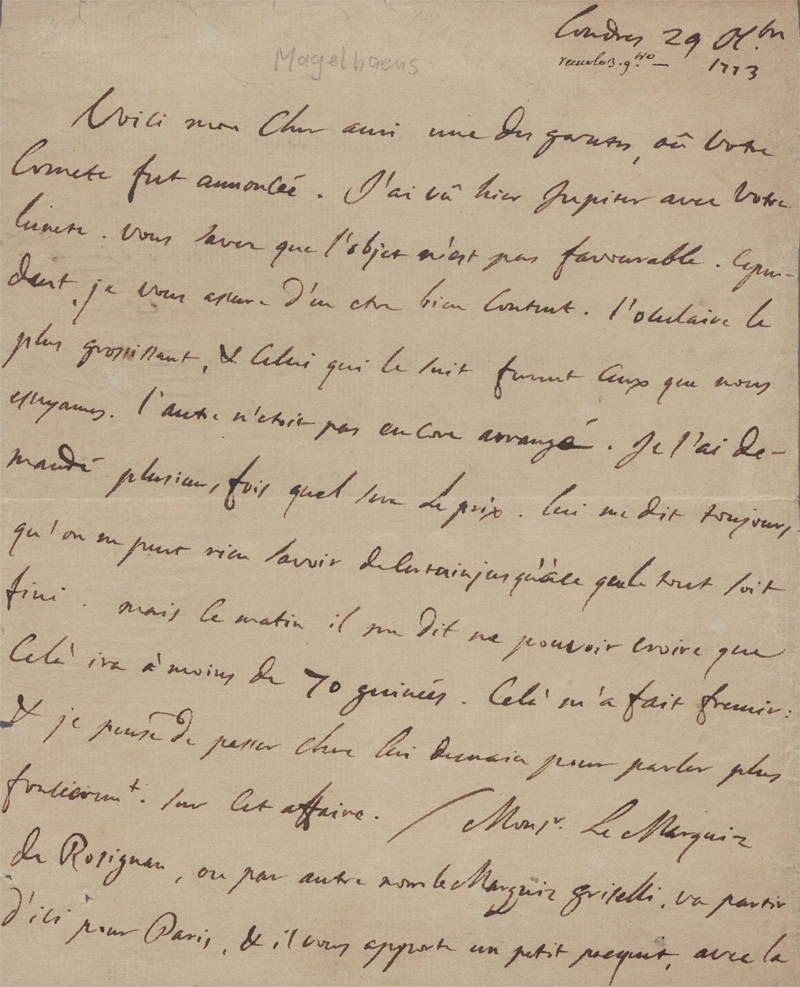 Lot 2672, Auction 128, Magellan, Jean Hyacinthe de, Brief 1773
