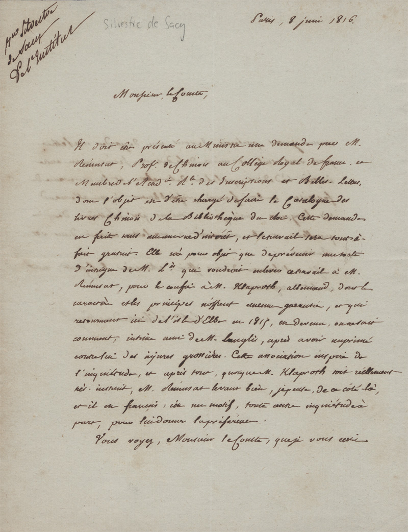 Lot 2681, Auction 128, Silvestre de Sacy, Antoine Isaac, Brief + Beigabe. Über den Sinologen Abel Remusat. 1816