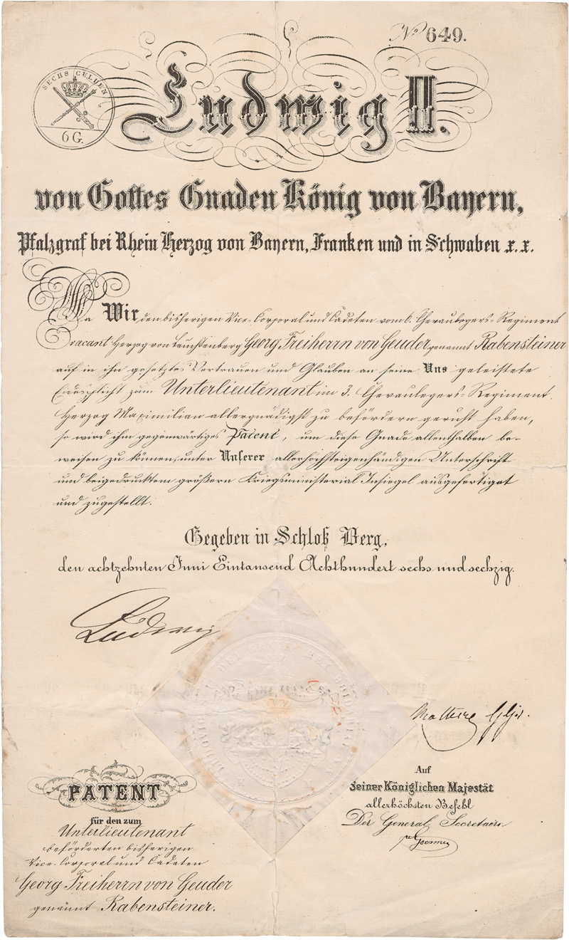 Lot 2685, Auction 128, Ludwig II., König von Bayern, Beförderungs-Urkunde für Georg Freiherrn von Geuder. 1866