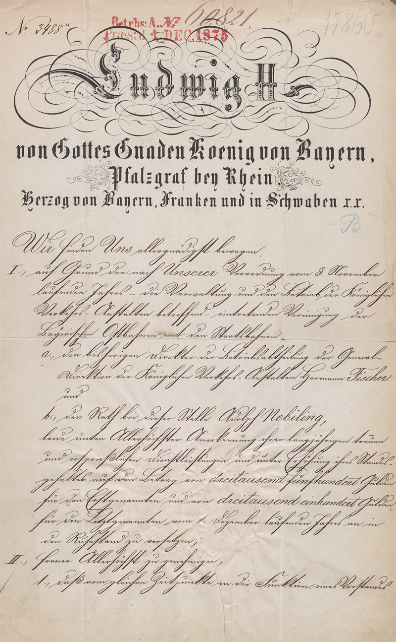 Lot 2686, Auction 128, Ludwig II., König von Bayern, Verfügung über Personalwechsel bei den bayerischen Eisenbahnen. 1875