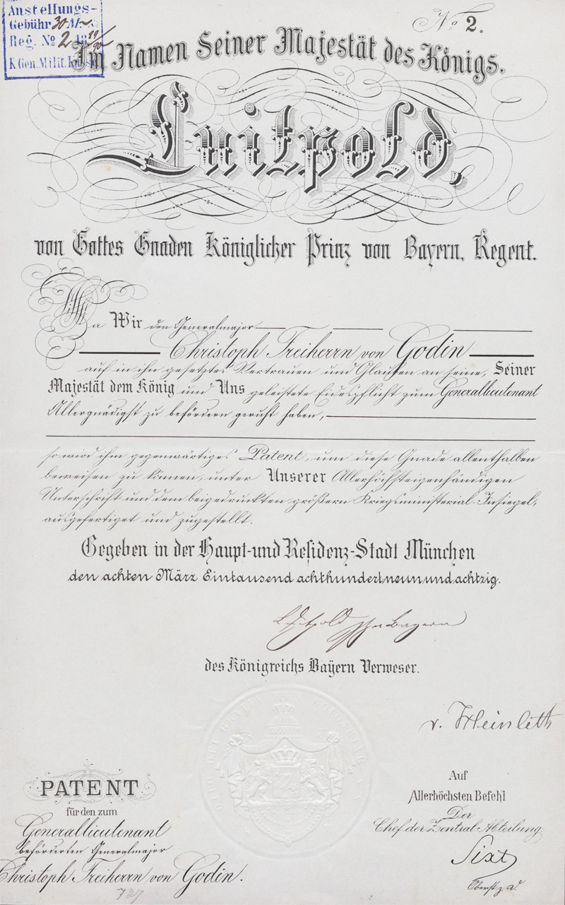 Lot 2687, Auction  128, Luitpold, Prinzregent von Bayern, Urkunde der Beförderung des Generalmajors Chr. v. Godin zum Generalleutnant. 1889
