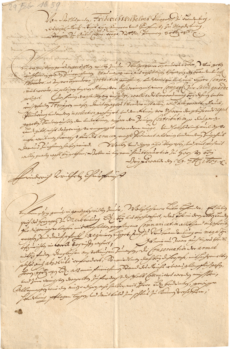 Lot 2690, Auction 128, Friedrich Wilhelm, Kurfürst von Brandenburg, 2 Armeebefehle auf 1 Blatt. 1659