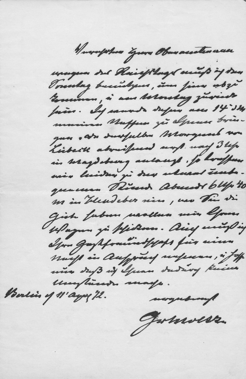 Lot 2706, Auction 128, Moltke, Helmuth Graf von, Brief an einen Oberamtmann, den er besuchen will. 1872