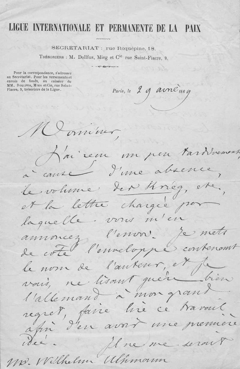 Lot 2708, Auction 128, Passy, Frédéric, Brief an Wilhelm Ulhmann über eine Antikriegs-Broschüre. 1869