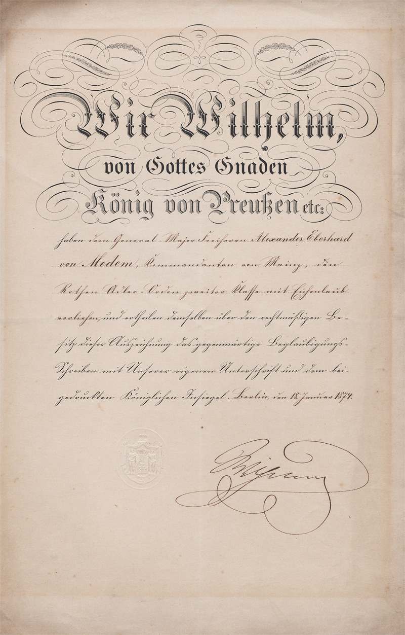 Lot 2713, Auction 128, Wilhelm I., Deutscher Kaiser, Urkunde zur Ordensverleihung. 1874