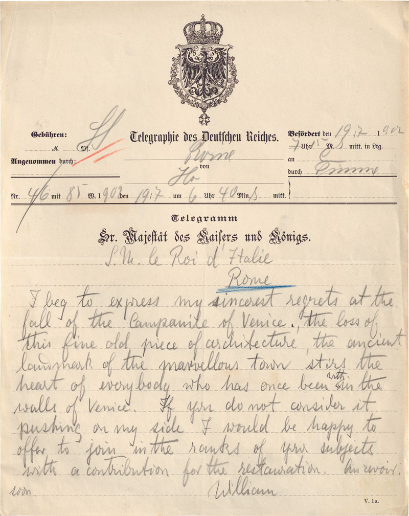 Lot 2715, Auction 128, Wilhelm II., Deutscher Kaiser, König von Preußen, Eigenhändiger Telegramm-Text an den König von Italien. 1902