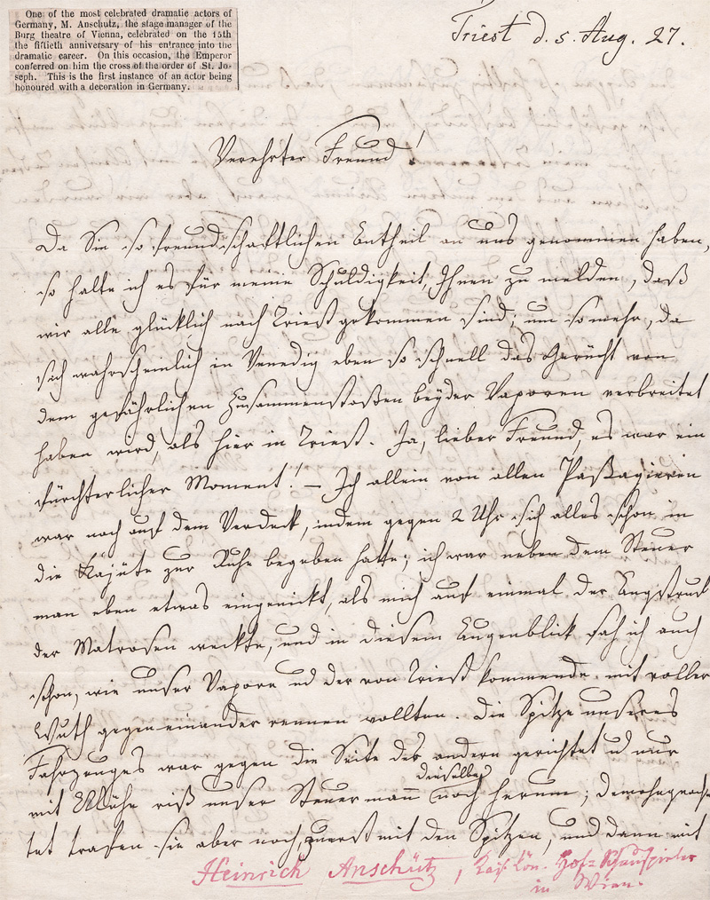 Lot 2731, Auction 128, Anschütz, Heinrich, Brief aus Triest an einen Freund in Venedig. 1827