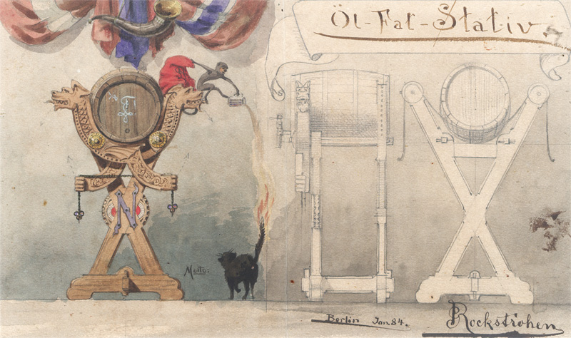Lot 3375, Auction 128, Rockstrohen, Original-Entwurf für eine Öl-Fass-Station. Aquarell über Bleistiftzeichnung