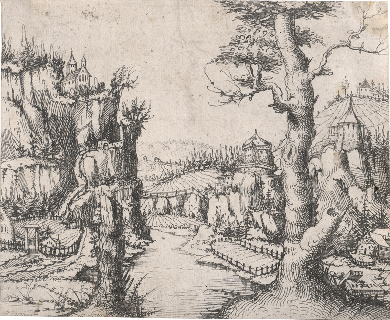 Lot 5131, Auction 128, Hirschvogel, Augustin, Flusslandschaft zwischen Felsen links und rechts
