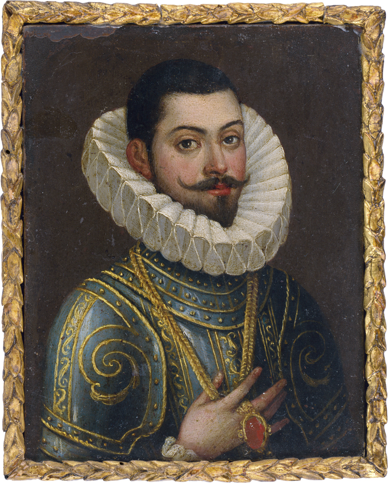 Lot 6011, Auction  128, Flämisch oder Spanisch, um 1600. Bildnis eines Mannes in Prunkrüstung und weißer Halskrause, mit Goldkette mit großem Schmuckstein