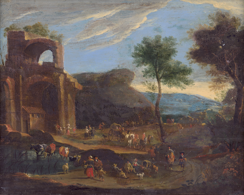Lot 6017, Auction  128, Michau, Theobald - Umkreis, Italianisante Landschaft mit Ruine und reicher Staffage