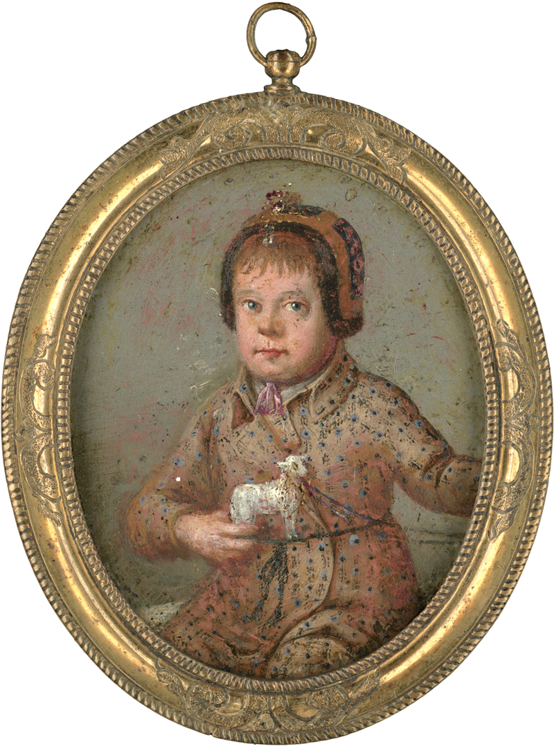 Lot 6043, Auction 128, Böhmisch, um 1800. Portrait eines Kindes im geblümten Mäntelchen, mit Schmucksteinen besetzter Haube und Spielzeugschaf