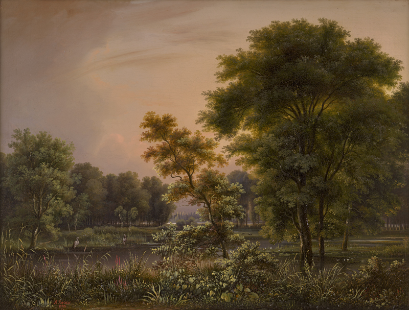 Lot 6097, Auction  128, Becker, August, Waldlandschaft mit Reiher an einem Teich bei dem Wallwitzberg bei Dessau