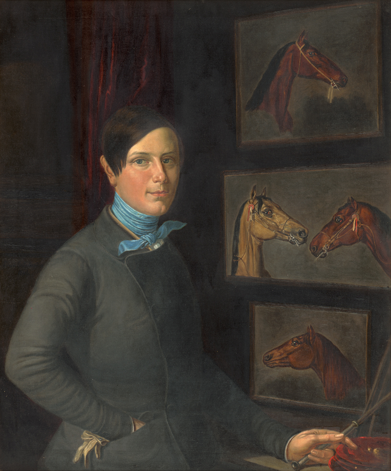 Lot 6103, Auction 128, Grünler, Louis, Selbstbildnis des Künstlers im Malerrock vor seinen eigenen Pferdstudien